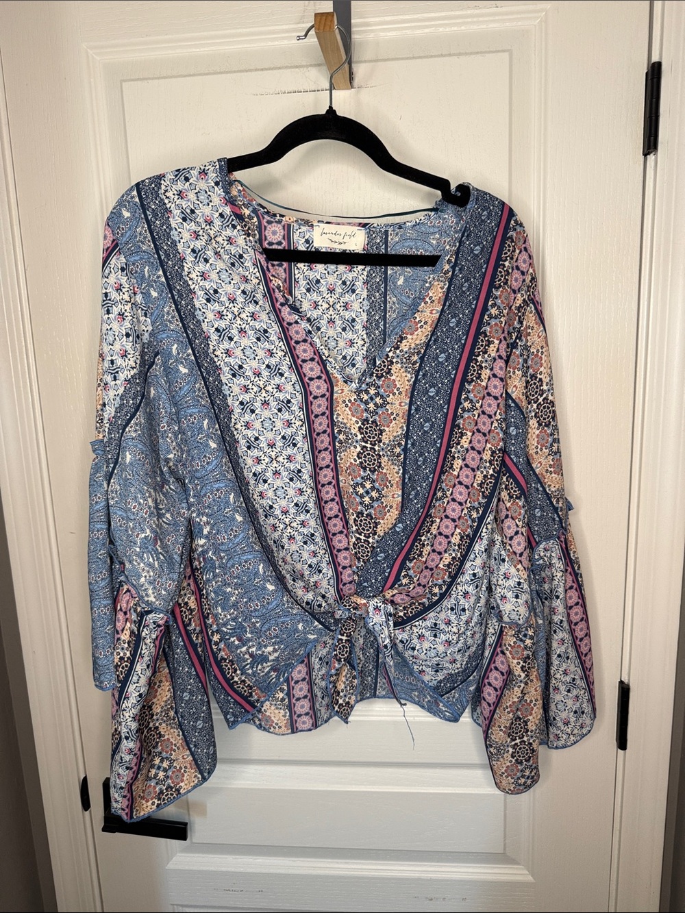 lavender field Patchwork Tie-Front Blouse in Blue, Pink and Cream